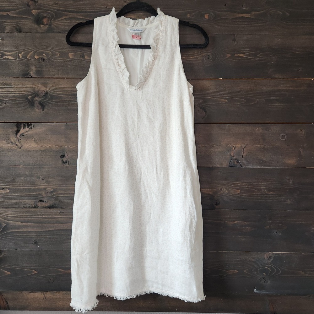 Tommy Bahama Womens XS White‎ 100% Linen Shift Dress Side Pockets Leopard Ruffle